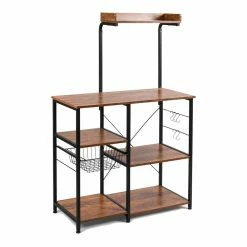 Flash Sale 💯 Costway 4-Tier MDF Vintage Kitchen Baker's Rack With Basket & 5 Hooks In Coffee 🔔