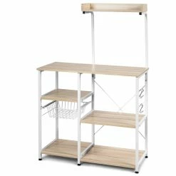 Discount 🔔 Costway 4-Tier MDF Vintage Kitchen Baker's Rack With Basket & 5 Hooks In Natural 🥰 -Bakers Racks Sales 2314094 2 L