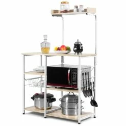 Discount 🔔 Costway 4-Tier MDF Vintage Kitchen Baker's Rack With Basket & 5 Hooks In Natural 🥰 -Bakers Racks Sales 2314094 5 L