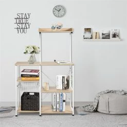 Discount 🔔 Costway 4-Tier MDF Vintage Kitchen Baker's Rack With Basket & 5 Hooks In Natural 🥰 -Bakers Racks Sales 2314094 6 L