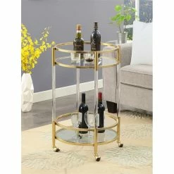 Budget 👍 Convenience Concepts Royal Crest Two-Tier Acrylic Round Bar Cart In Clear Glass With Gold Metal Frame ⭐