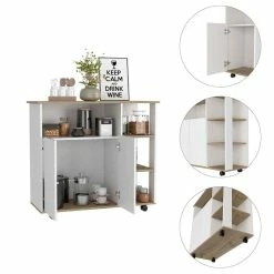 Deals ⭐ FM Furniture Serbia Wood Kitchen Island With 4 Open Shelves In Light Oak/White 💯 -Bakers Racks Sales 2499061 2 L