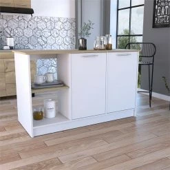 Discount 😉 Tuhome Furniture TUHOME Juniper Kitchen Island - Light Oak-White Engineered Wood 💯 -Bakers Racks Sales 2503547 2 L