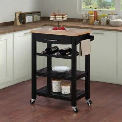 Brand new 😍 Convenience Concepts Ellaine Four-Tier Butcher Block Kitchen Cart W/ Drawer & Wine Rack In Black Wood 🧨