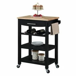 Brand new 😍 Convenience Concepts Ellaine Four-Tier Butcher Block Kitchen Cart W/ Drawer & Wine Rack In Black Wood 🧨 -Bakers Racks Sales 2514880 2 L
