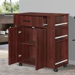 Coupon 👏 Better Home Products Shelby Rolling Kitchen Cart With Storage Cabinet - Mahogany ❤️ -Bakers Racks Sales 2545231 5 L