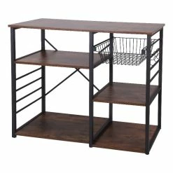 Best deal ๐ Benzara Wood And Metal Bakers Rack With 4 Shelves And Wire Basket Brown And Black ๐คฉ